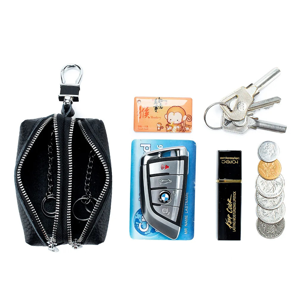 Made of Genuine Leather Car Key Wallets Fashion Key Holder Housekeeper Keys Organizer Double Zipper Keychain Case Key Coin Pouch 260129