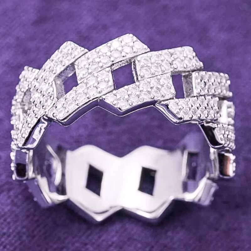 Pass Diamond Tester Hip Hop Bling D Color Moissanite Iced Out Mens 2 Rows Cuban Link Ring With 925 Sterling Silver GRA