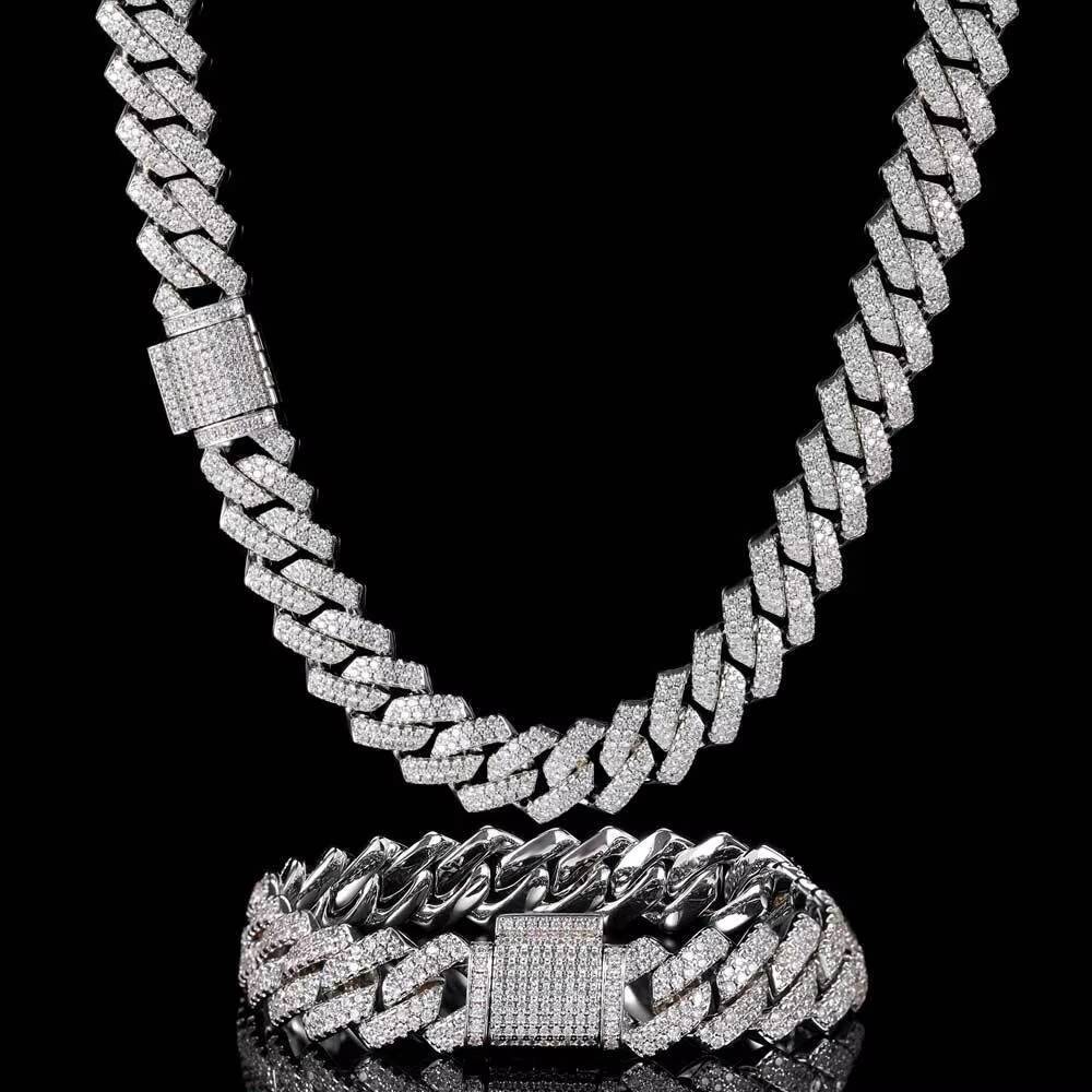Wholesale Stock Hip Hop Rapper Jewelry 14mm Real Solid Gold Plating Iced Out vvs moissanite Diamond Prong Cuban Link Chain Necklace for Men