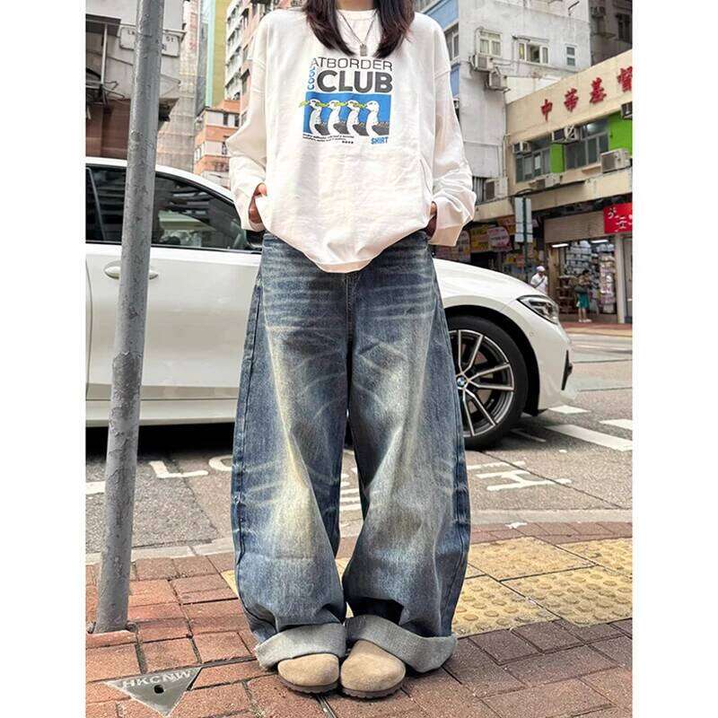 Women's Blue Y2k Oversize Harajuku Vintage Wide Leg Denim Trousers American Retro 2000s Style Boyfriend Jeans Pants Autumn