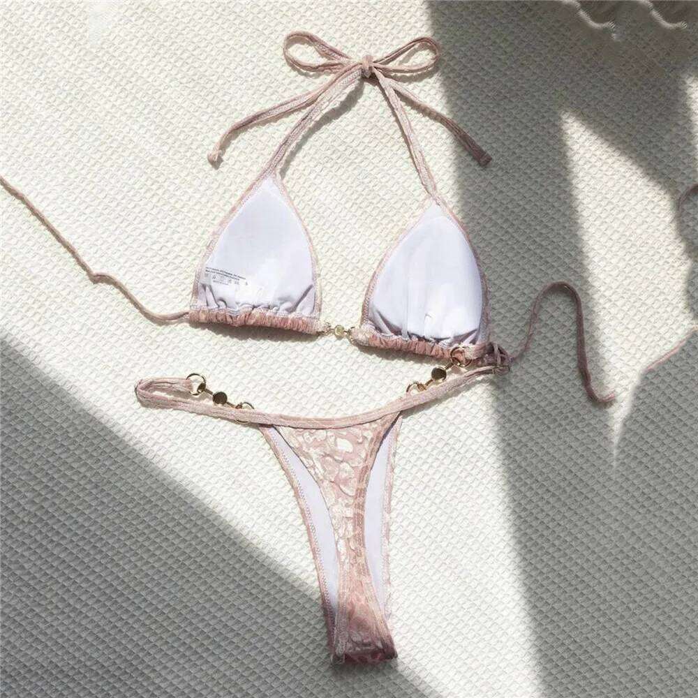 Purple Velvet Leopard Swimsuit Sexy String Halter Triangle Sets De Mujer Micro Thong Swimwear Women Bikinis Bathing Suit C260207