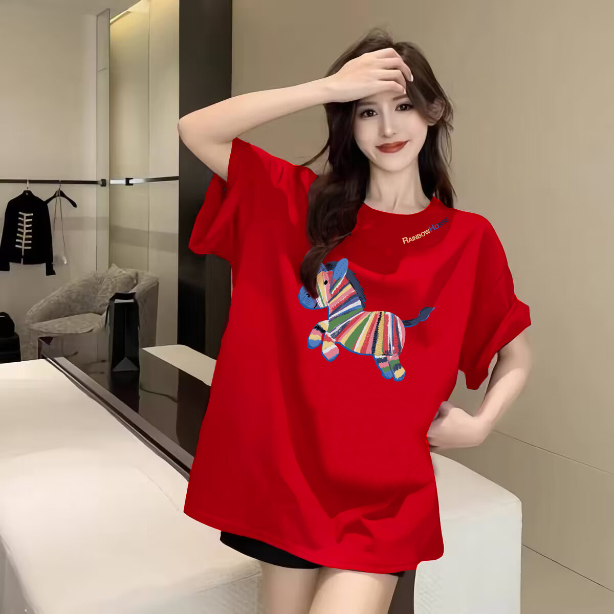 Women's T-Shirt Soft Stretchy Lucky Horse Print T-Shirt 2026 Red & Golden Lettering Round Neck Short Sleeve Casual Top
