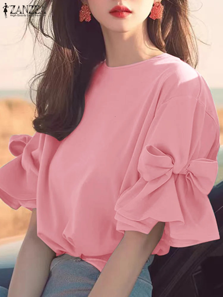 ZANZEA Vintage Bow Tie Patchwork Chiffon Blouse Women Korean Ruffles Shirt Autumn Elegant Lantern Short Sleeve Tops Tunic 260207