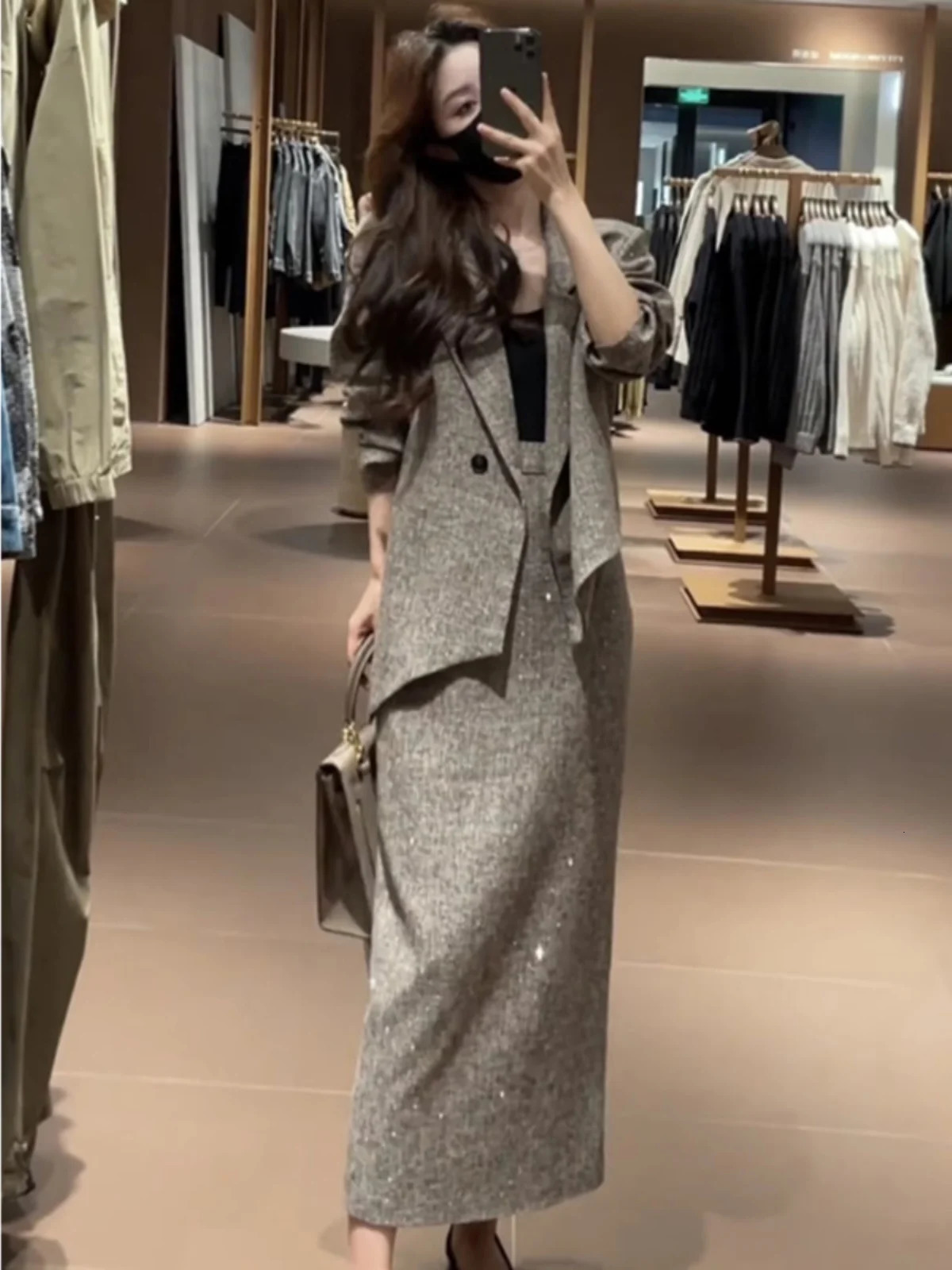 Faionable Diamond Embedded Womens Suit And Skirt Set Autumn Winter Two-Piece Ensemble Sle Long Sve Turn-down C 260122