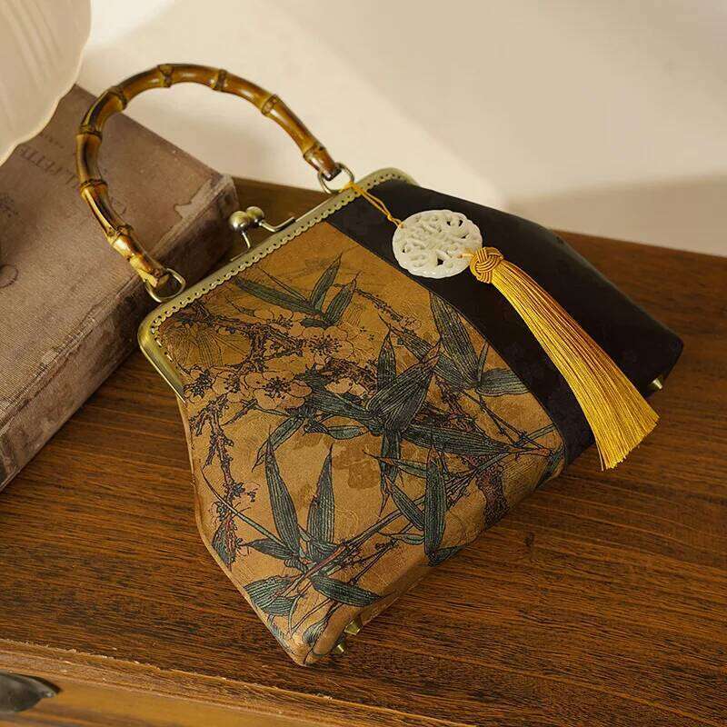 Fine Handmade Bamboo Handle Handbags Fashion Retro Print Chinese Style Cheongsam Evening For Women Chain Shoulder Bags