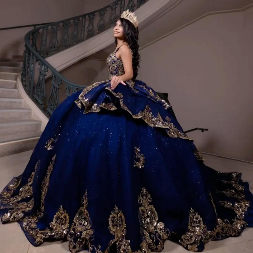 Navy Blue Shiny Quinceanera Dresses Off Shoulder Ball Gown Sweet 16 Dress Beading Gold Applique Bow Tull Birthday Party Vestidos 15 De Anos HR1811