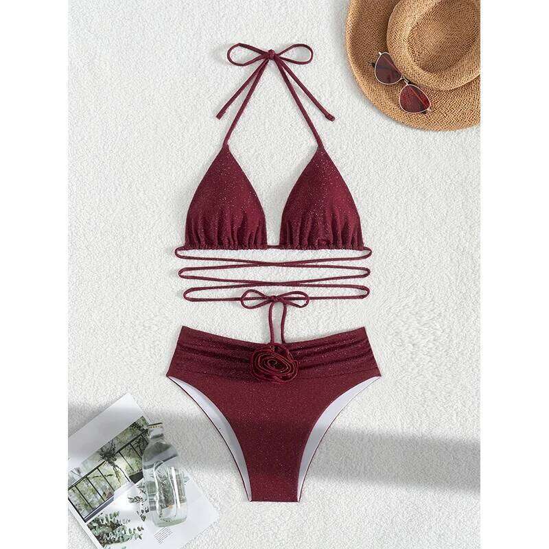 FASKOB solid color sexy drawstring women's two-piece 2025 bikini suit summer beach swimsuit C260207