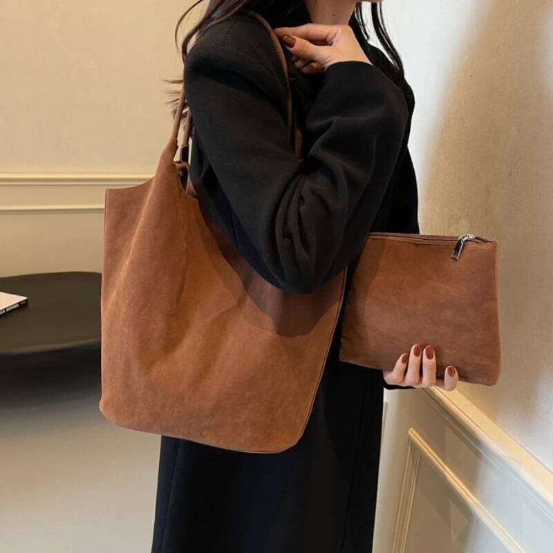Retro Women's Shoulder Bags Suede Sewing Thread Zipper Versatile 2025 New Solid Colors High Capacity Casual Tote C260207