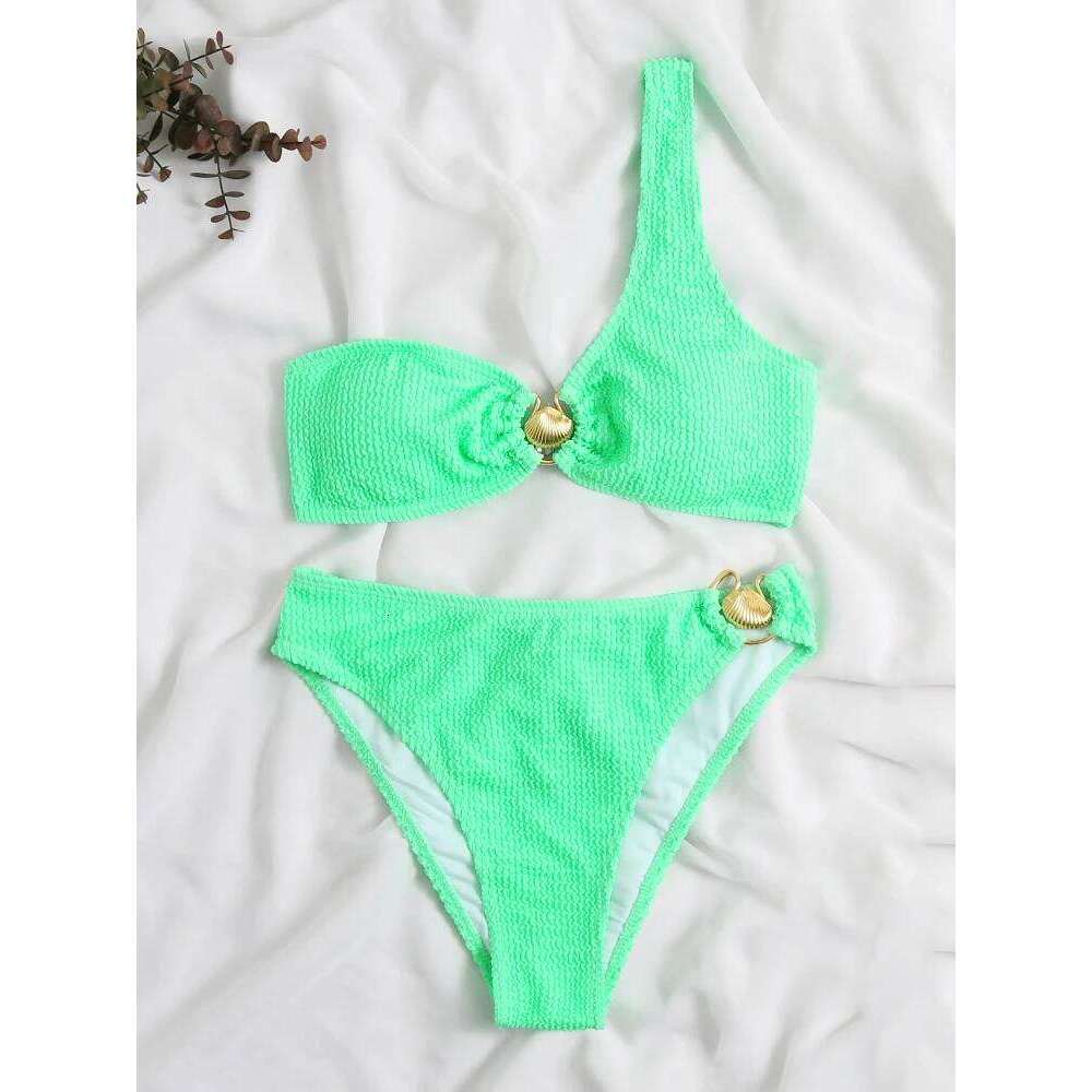 Sexy One Shoulder Shell Bikini High Waist Swimwear 2023 Textured Swimsuit Women Bathing Suits Metal Ring Two-piece Bikinis Set C260207