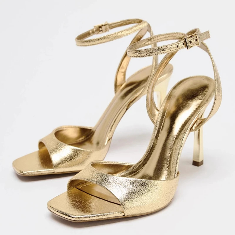 Gold Patent Leather Ankle Buckle High Heeled Sandals Women Sexy Square Toe Open Toe High Heels Summer Fashion Party Office Shoes 260202