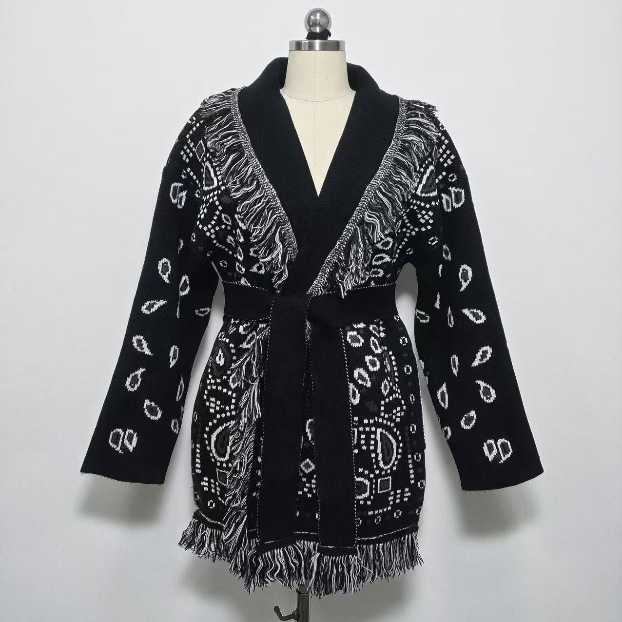 Shawl Collar Tie-Waist Fringe Cardigan Paisley Pattern Long Sleeve 2025 Autumn Boho Women Knitwear Chic Casual Ethnic Outerwear 251117