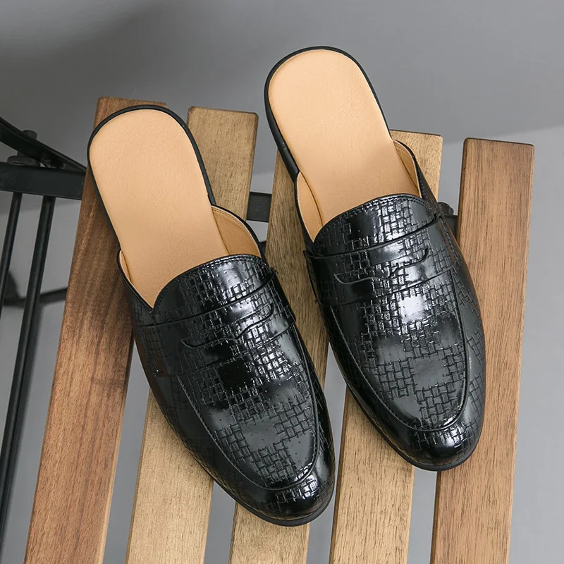 Britain Mens Loafers Business Half Shoes for Male Patent leather Mules Non-slip Outdoor Summer Moccasins 260124