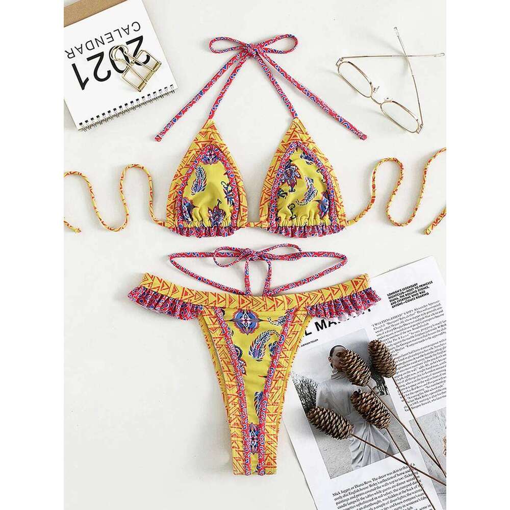 Print Bikinis Bordered Bikini Set Mciro Halter Swimwear Women Swimsuit Sexy Beachwear Brazilian Biquini Triangle Bathing Suits C260207
