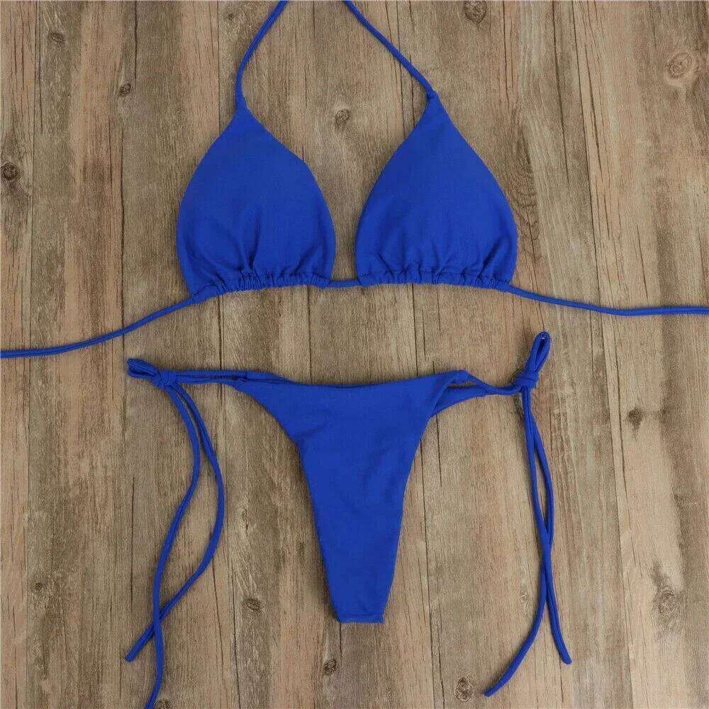 Women Thong Bikini Side Tie Sexy Bandage Style Brazilian Swimwear Neck Hanging Solid Color Adjustable Swimsuit Set C260207
