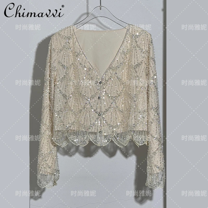 Fashion Fashion Long-sleeved Sequined Pearl Bead Cardigan Womens Top High-waisted Skirt 2-piece 2025 Spring Skirt Sets 260122