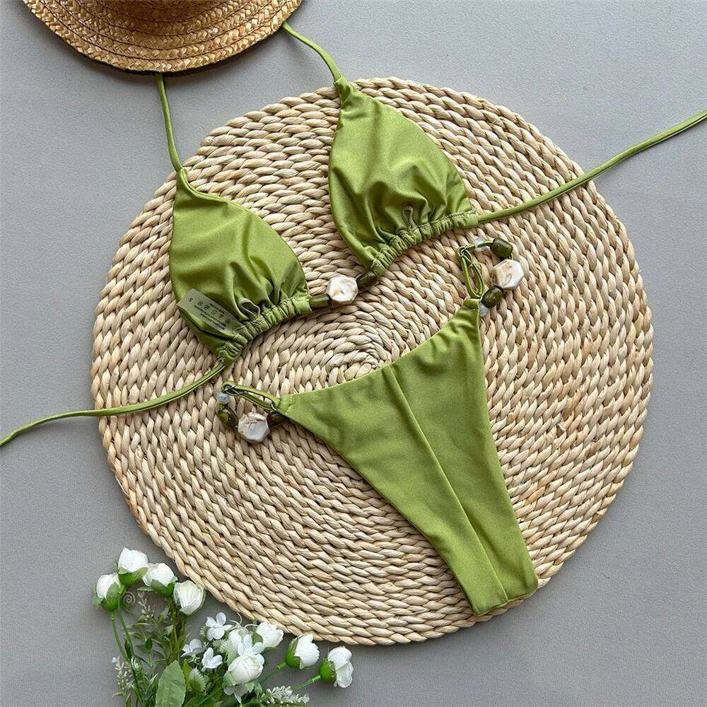 Solid Green Swimwears Sexy Halter Triangle Bead String Bikini Mini Micro Thong Swimsuit Woman 2026 Summer Brazilian Bikinis Sets C260207