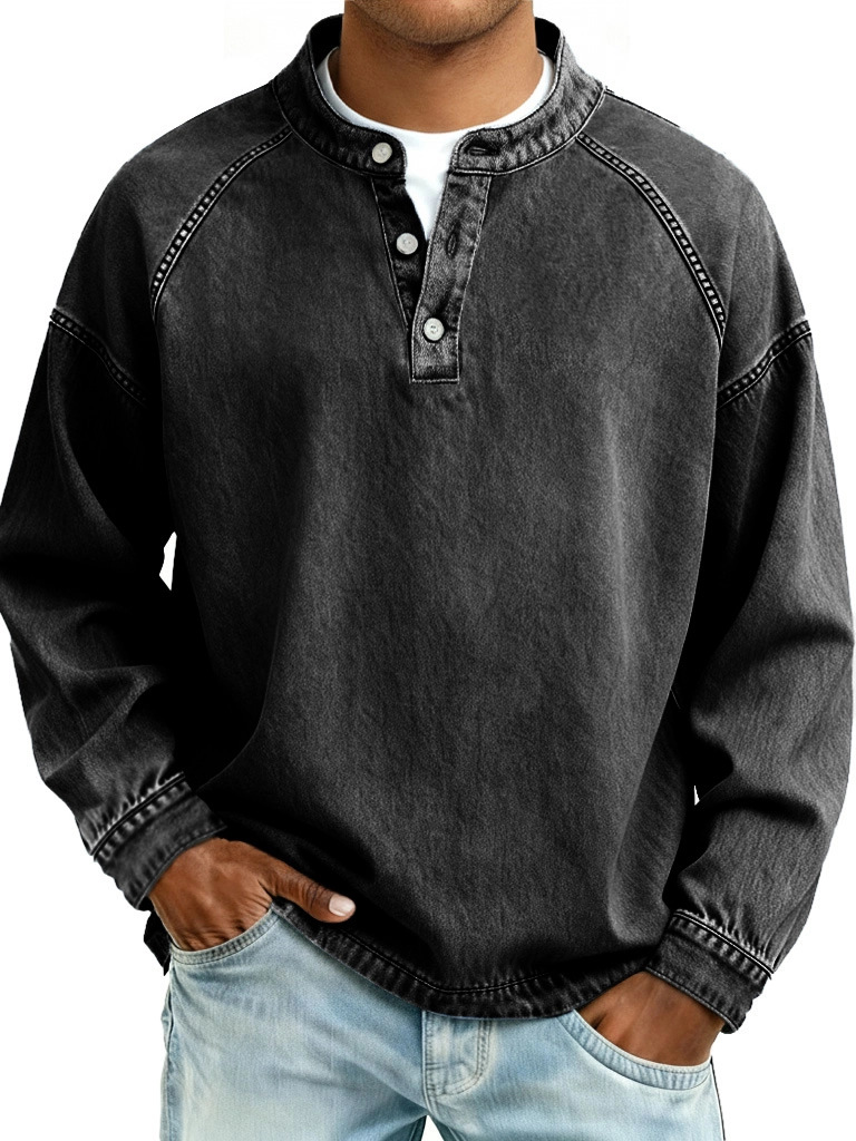Autumn New Mens Pullovers Sweatshirts Zipper Stand Solid Top Heavyweight Distressed Washed Denim Casual Hoodie For Men Clothing R260208
