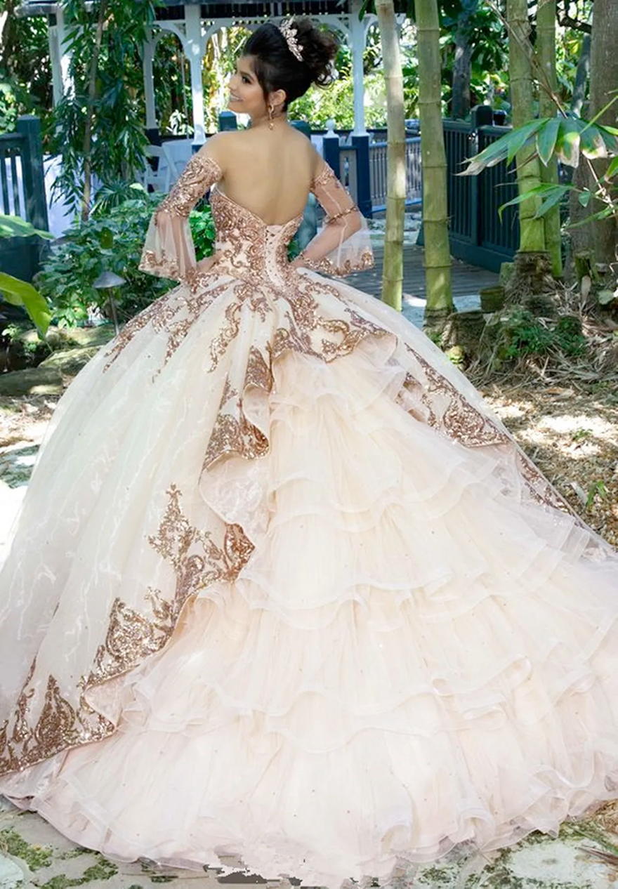 Rose Gold Sweet 16 Princess Quinceanera Dresses Long Sleeves Tulle Formal Pageant Ball Gown for Girls Vestidos De Anos robe HR812
