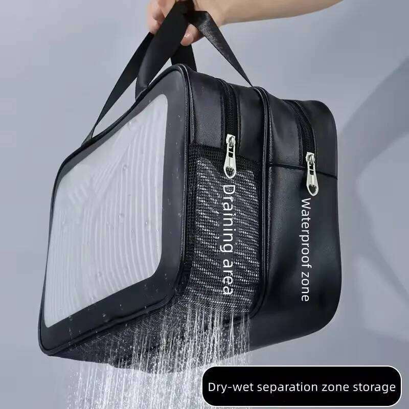 Dry-wet separation double transparent PU makeup portable washing cosmetic storage bag travel fitness swimming essentials Y260206