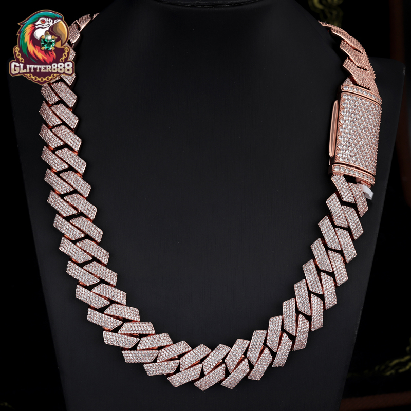 Wholesale Price Heavy Silver Weigh 20mm 3rows VVS Moissanite Diamond Rose Gold Plated Cuban Link Chain for Man Hip Hop Necklace