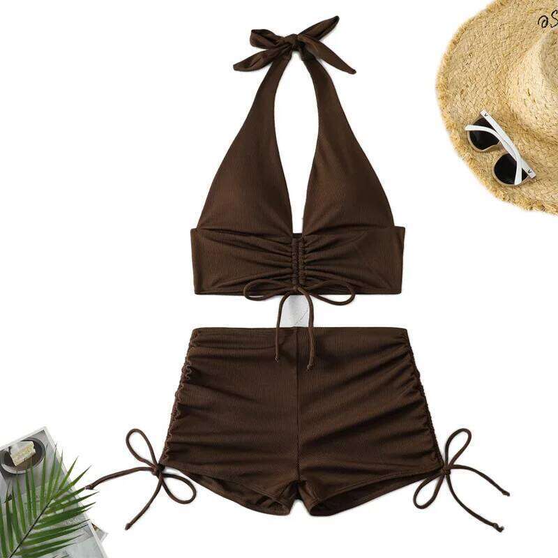 Sexy High Waist Bikini Shorts 2024 Women Swimsuit Two Piece Swimwear Female Bikinis Set Brown Bathing Suits Brazilian Biquini C260207