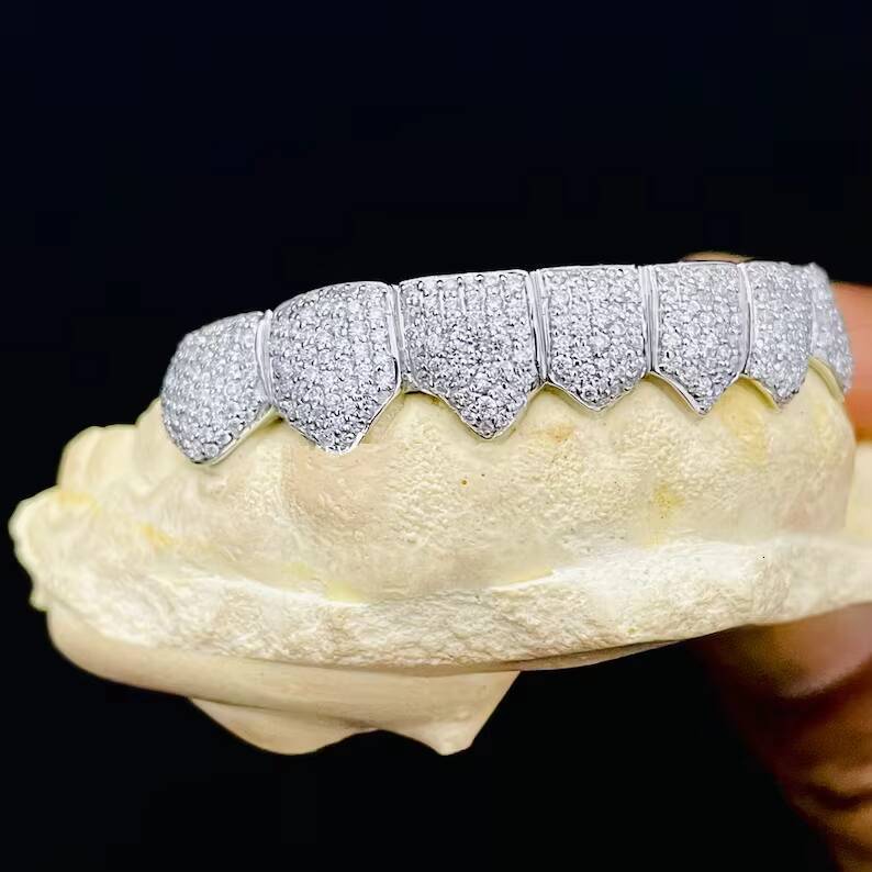 Iced moissanite hip hop teeth grillz for men with full pave style shimmering stones elegant premium silver look modern design