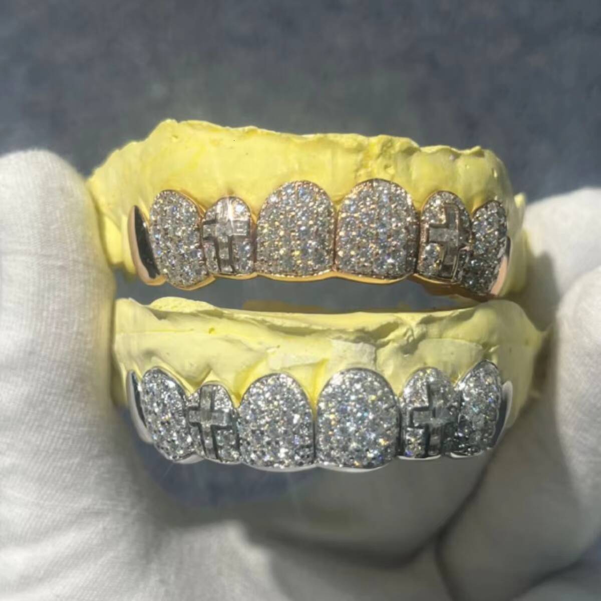 Top 8 Bottom 8 Jumping Ice Out VVS Moissanite 925 Silver Gold-plated Ladder square Cross Smooth Diamond Grill