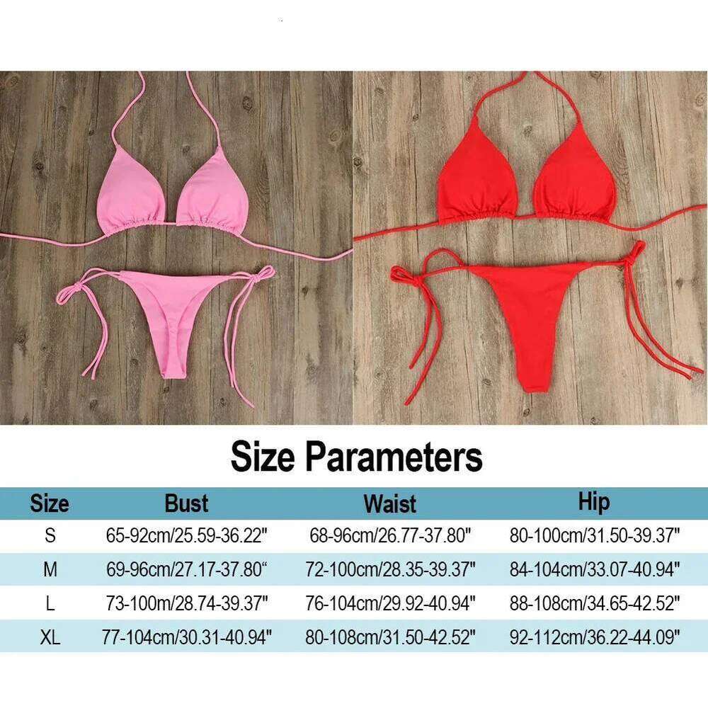 Solid Color Hanging Neck Style Lace-Up Bikini Women's Sexy Adjustable Triangle Beach Swimsuit Steel Bracket No Chest Pad C260207