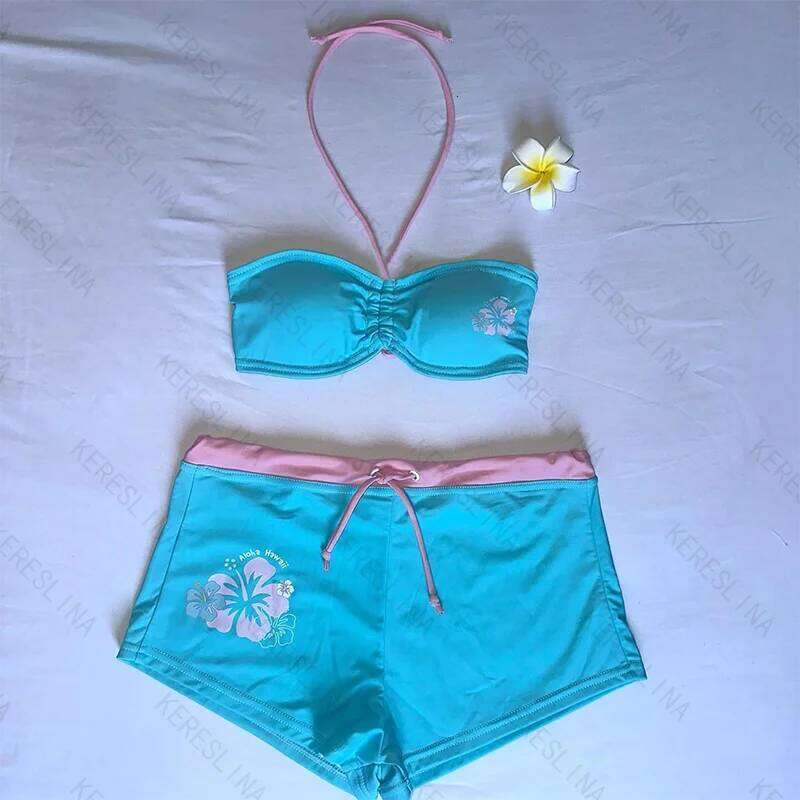 Y2k Girly style subculture Cutie summer Retro millennium hanging neck suspender Sexy beach kawaii classic comfortable bikini set C260207