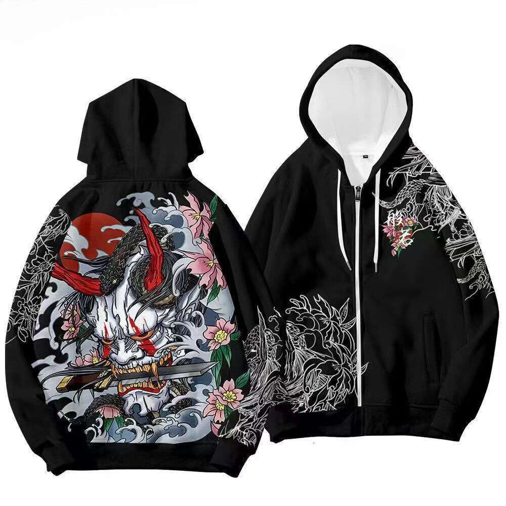 Trendy New Chinese-Style Hoodie With Hannaya Demon Print, Suitable Autumn And Winter, Featuring A Unique Design Inspired By Hundred Demons Of The Nigh