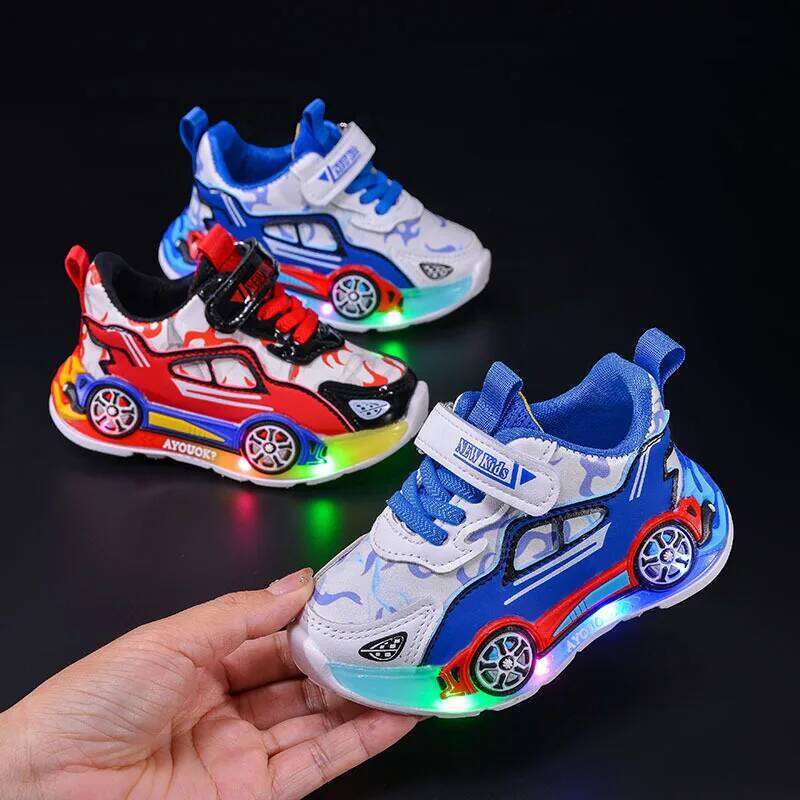 Spring Kids Shoes New Fashion Versatile Casual Anti Slip Cartoon Car Boy Shoe LED Lights Simple Trendy Sneakers H260207