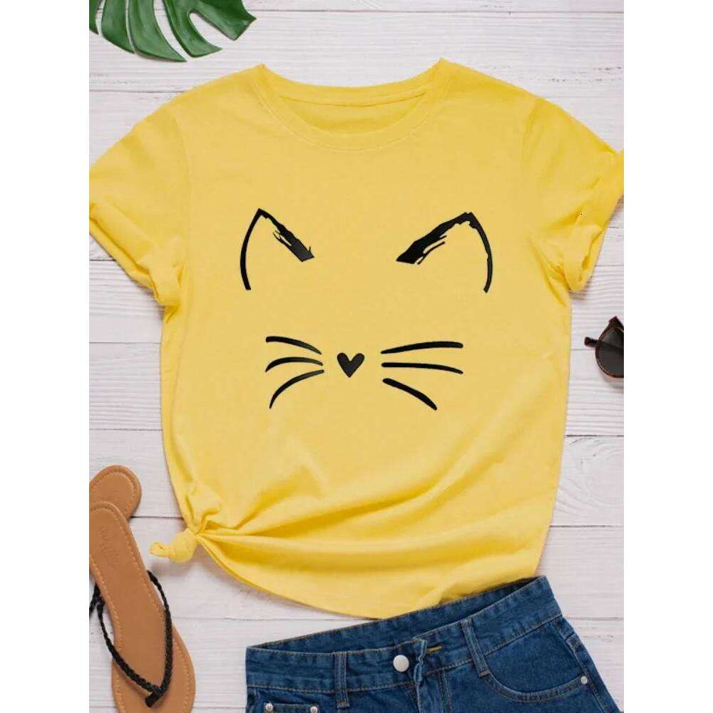 Cat Face Print T Short Sleeve O Neck Loose Women Tshirt Ladies Tee Shirt Tops Clothes Camisetas Mujer C260207