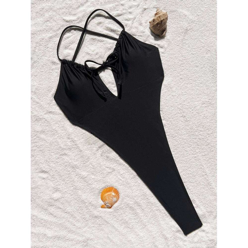 sexy solid black drawstring bandage backless swimsuit one piece bikini thong swimwear bodysuits women biquini bathing suits C260207