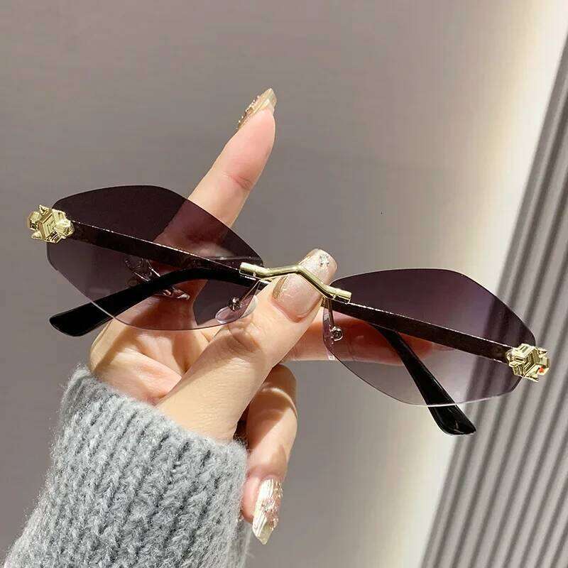 Fashion Small Polygonal Sunglasses for Women Luxury Brand Rimless Brown Rhombus Sun Glasses Woman Vintage Metal Shades Eyewear Y260207