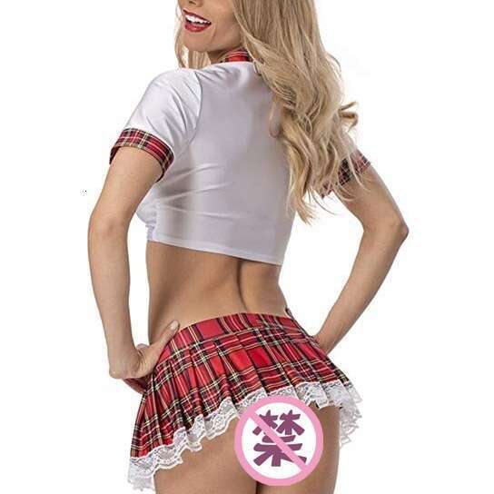 Sexy Plaid Schoolgirl Costume Women White Crop Top with Red Checkered Trim & Pleated Skirt, Perfect for Halloween, Cosplay & Role Play