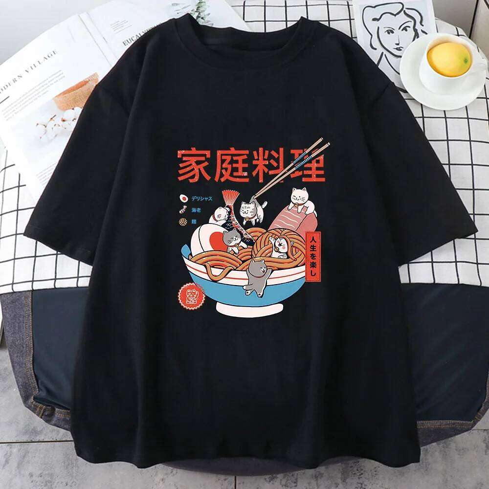 Ramen Cats Women Japanese Anime Characters T-shirts 100% Cotton Casual T Shirts Summer Harajuku Kawaii Clothing Slight Strech C260207