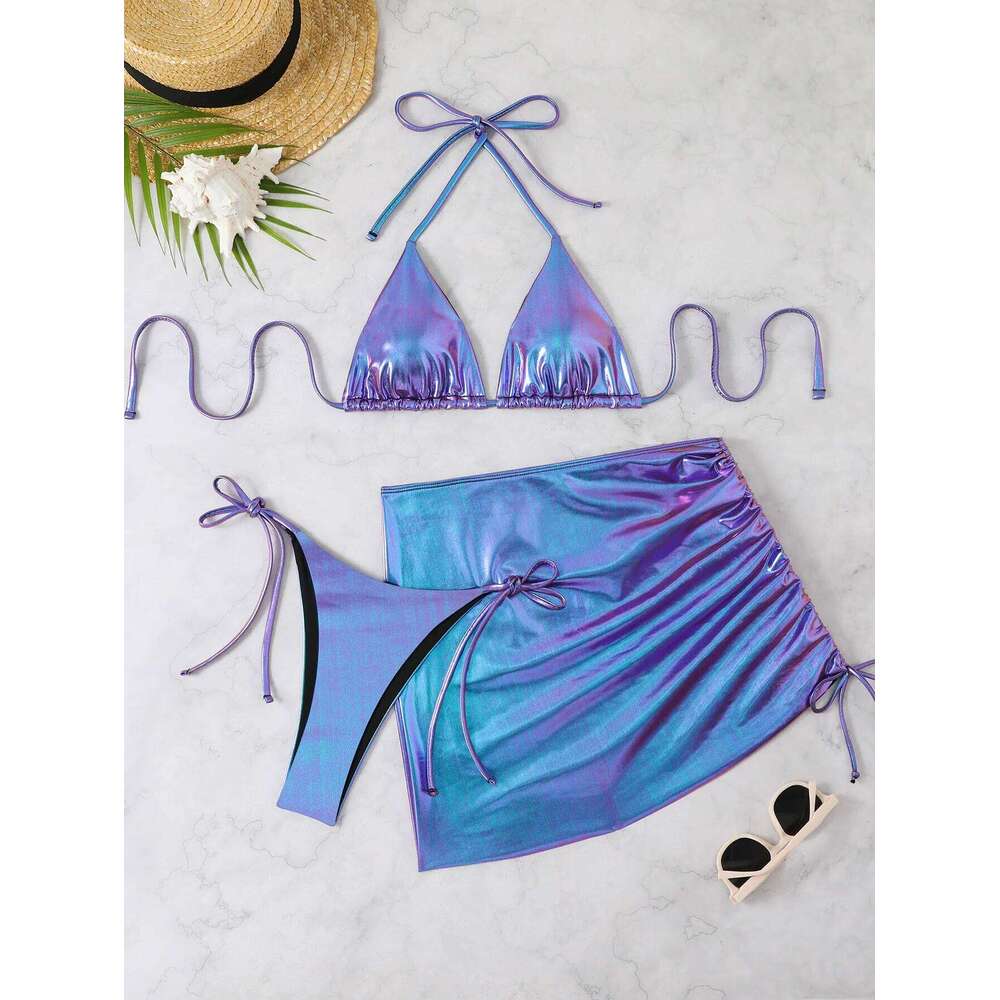 2025 New 3 Pieces Swimsuit Women Thong Swimwear Sexy Bronzing Bikini Set With Sarong Mini Skirt Beachwear Bathing Suit Gold C260207