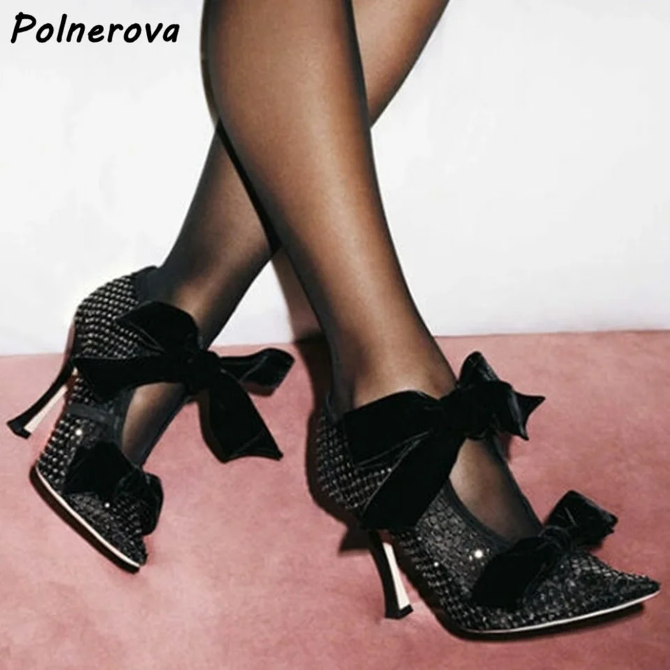 Air Mesh Butterfly Knot Pumps Hollow Black Thin Heels Pointy Toe Crystal Shoes Sexy Stiletto 260208