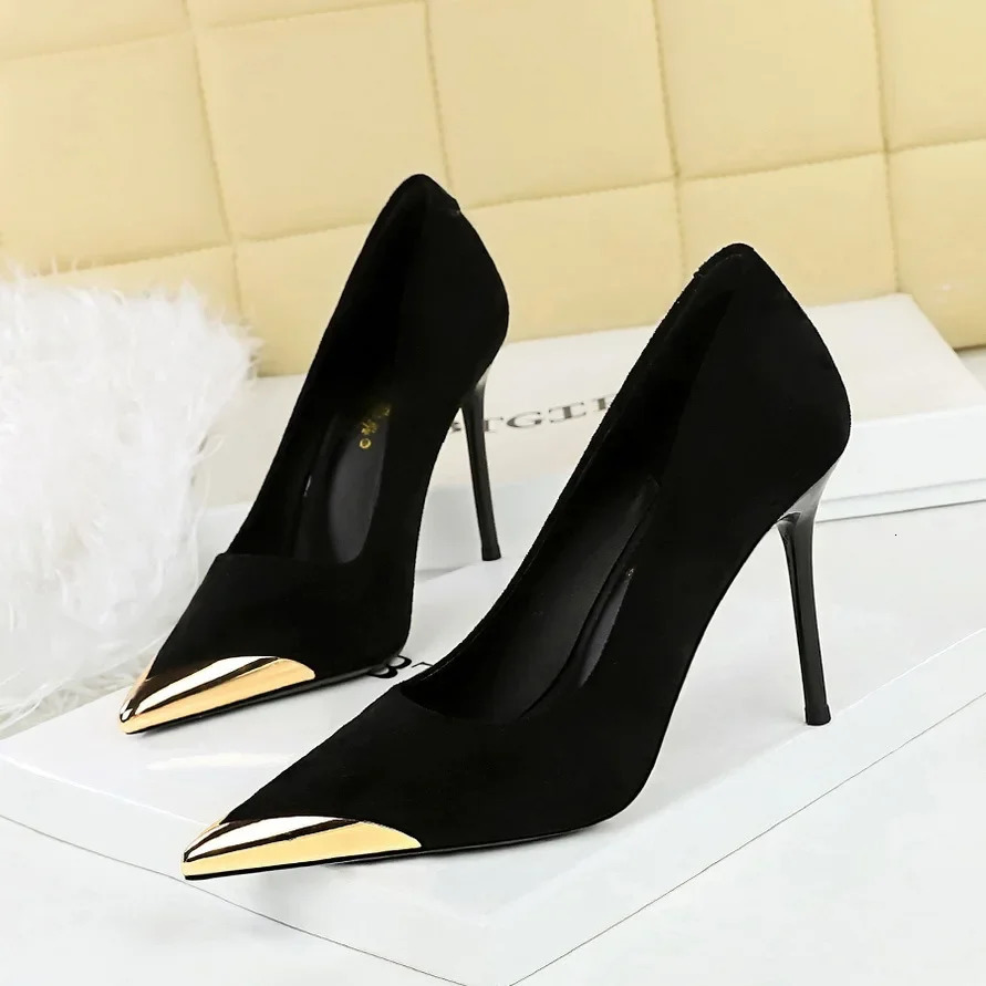BIGTREE Sexy Fashion metal pointed toe Banquet Womens Pumps Spring Thin High Heels Ladies Stiletto Dress Shoes Black 260123