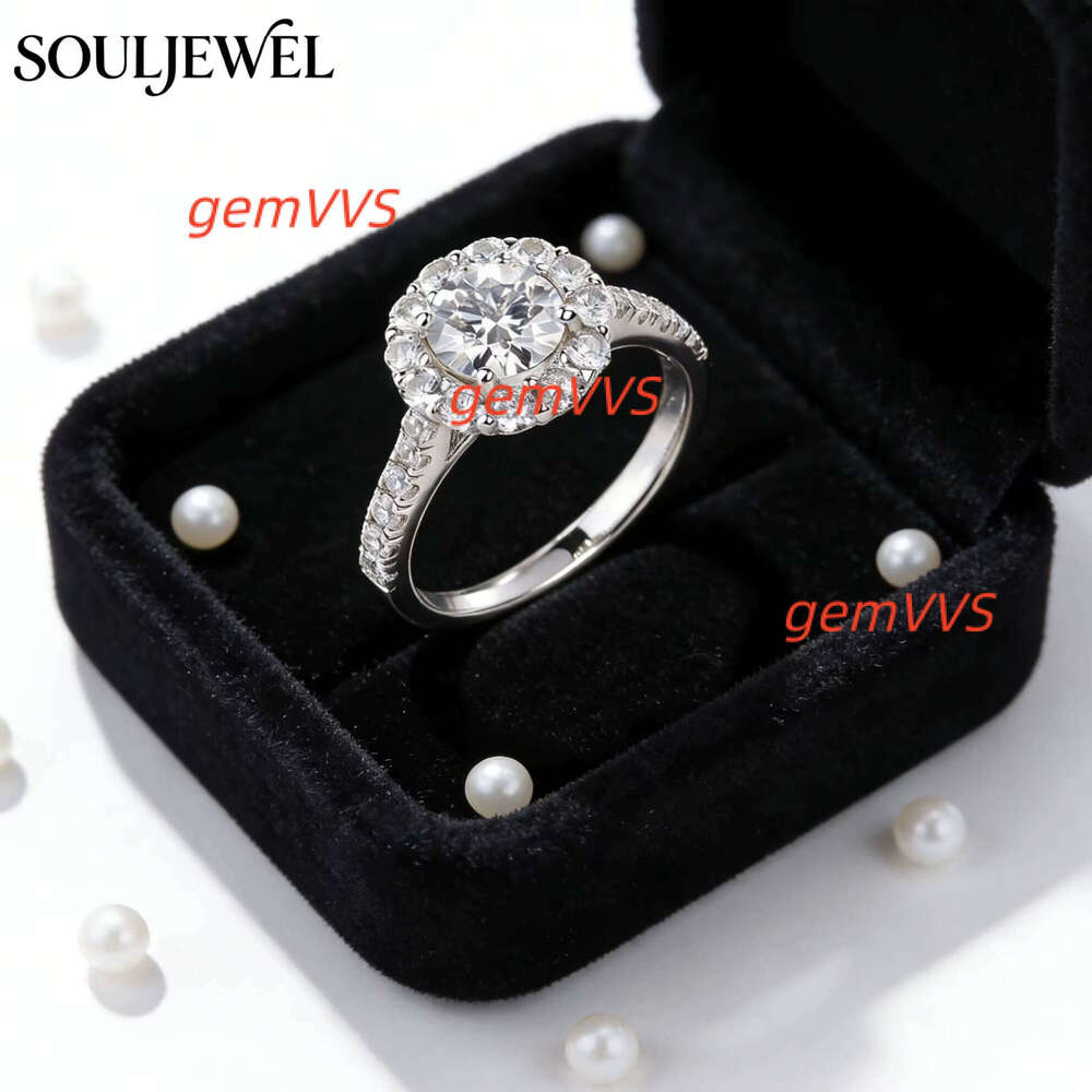 Souljewel Flower Shape 925 Sterling Silver Moissanite Halo Eternity Band Prong Setting Rhodium Plated Luxury Wedding Ring