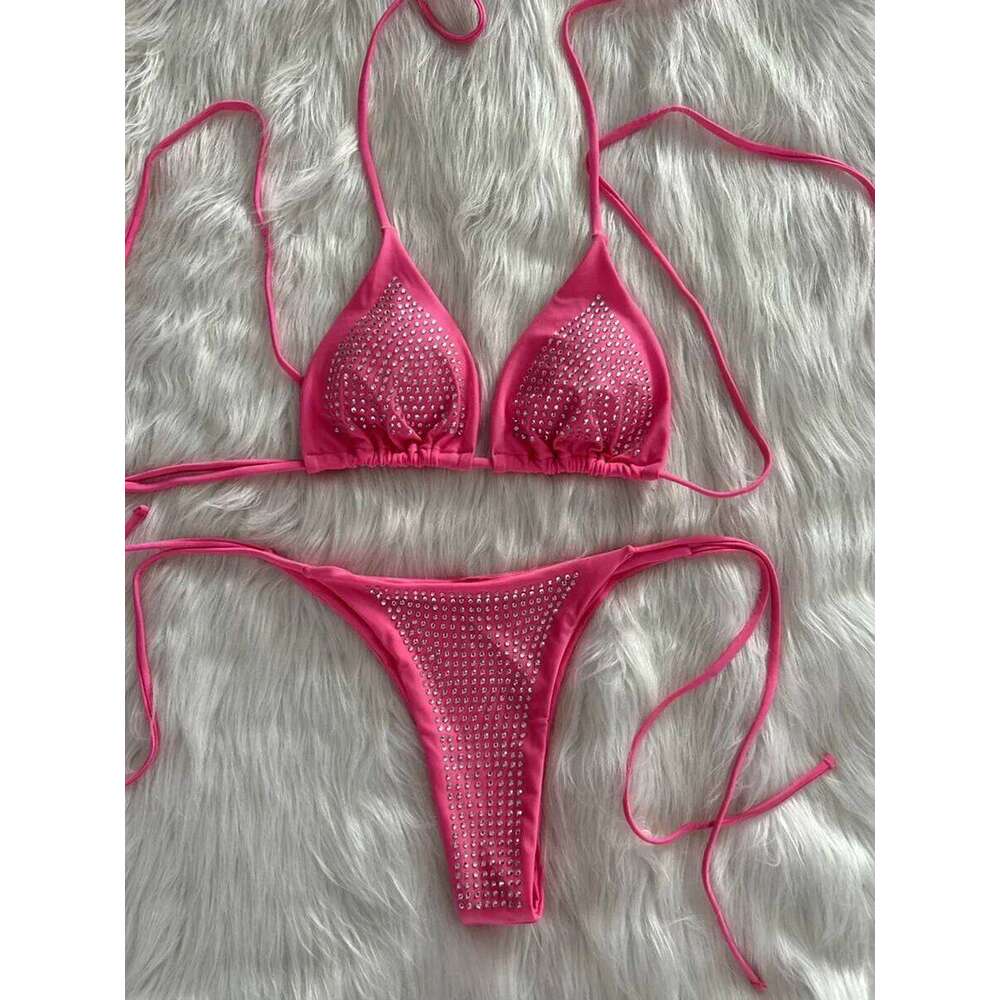 Shiny Sequins Wrap Around Jewelled Women Swimwear Female Swimsuit Two-pieces Bikini Set Halter Bathing Suit Swim Trend C260207