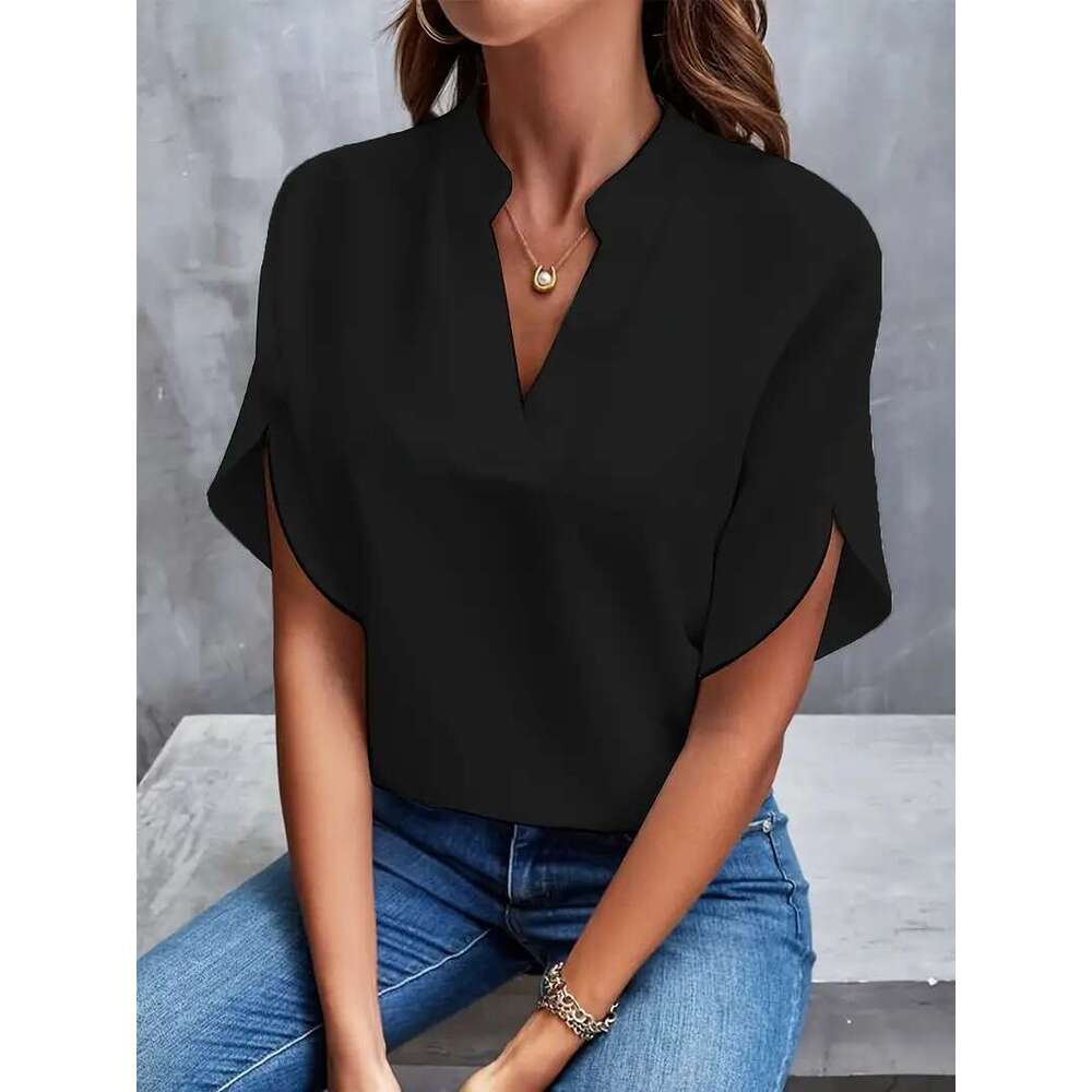 European and American Foreign Trade Women s Summer Casual Short Sleeve Solid Color V Neck Loose Shirt Top luanyun