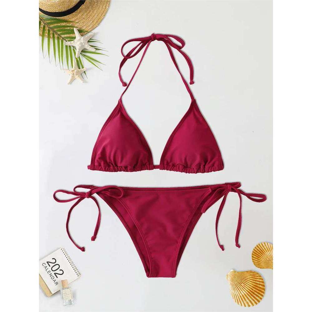 2Pcs/Set Women Thong Set Side Lace-up Sexy Swimsuit Bandage Neck Tie Swimwear Adjustable Brazilian Style Bikini Underwear C260207