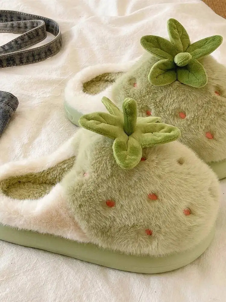 Winter Womens Furry Cotton Home Slippers Cute Strawberry n Warm Thick Soled Anti Slip Indoor Household Outdoor Wearable 260208