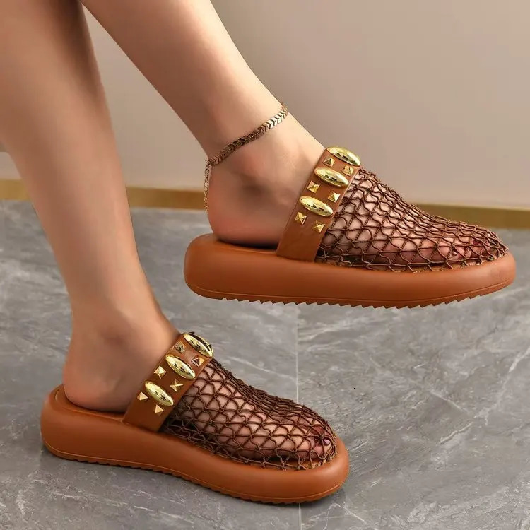 2026 hollowed out breathable toe cap half drag thick sole Roman temperament versatile fashion beach slippers 260208