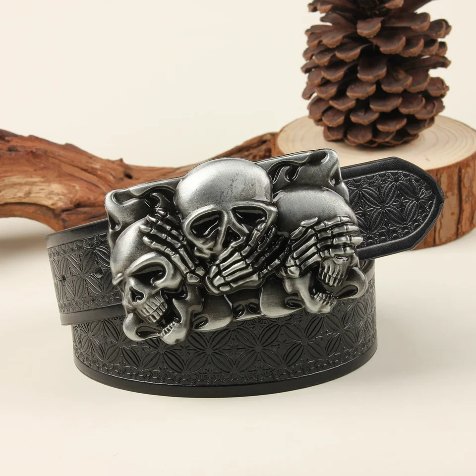 1 Western Cowboy Ancient Silver Multiple Ghost Head Skull Large Plate Buckle Belt Trendy Retro Society Young Men Punk PU Leather 260124