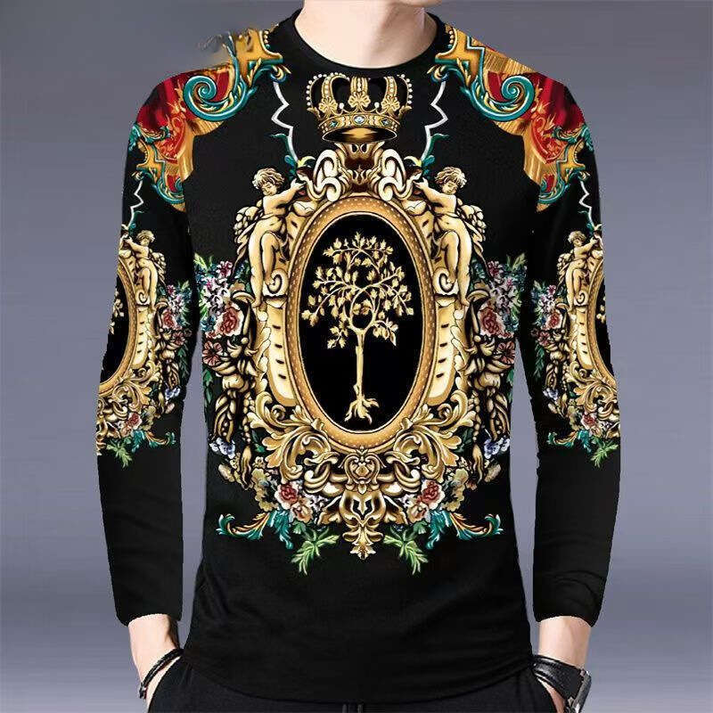 Bold Chinese Dragon Print Men's Trendy Youth Korean Style Long Sleeve T-Shirt Slim Fit Luanyun