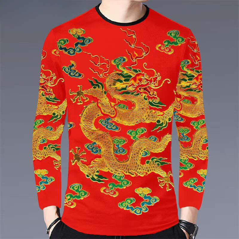 Bold Chinese Dragon Print Men's Trendy Youth Korean Style Long Sleeve T-Shirt Slim Fit Luanyun