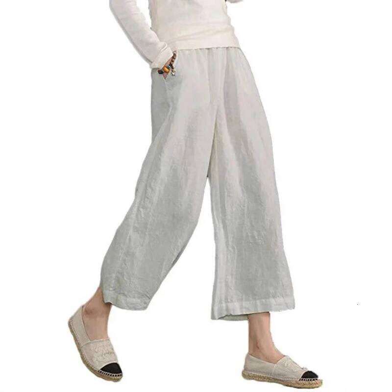 Women's Solid Color Cotton Linen Wide-leg Nine-point Pants Loose Casual Spring Summer New Products 2026