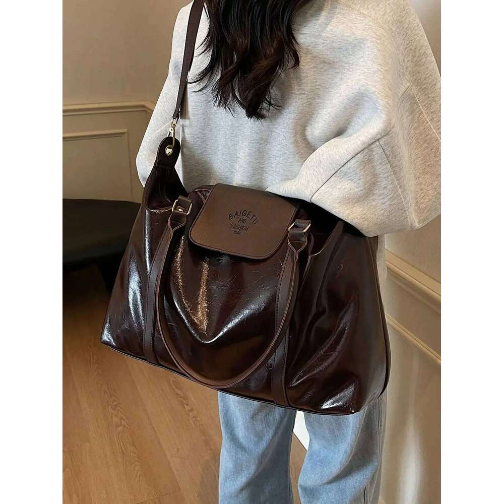 Fashion large capacity handbag Casual short trip travel Holiday gym tote bag, retro oil wax gloss PU leather crossbody bag C260207